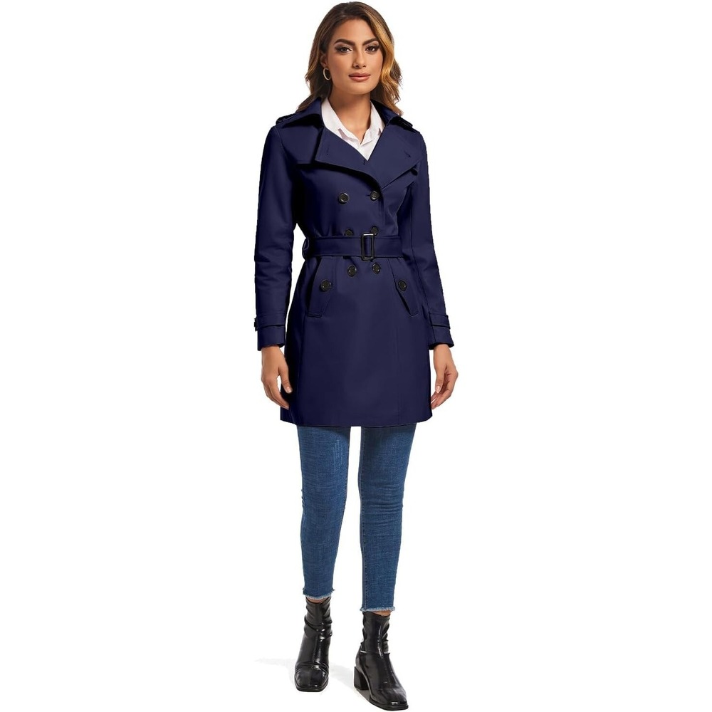 FARVALUE‎ Womens Double Breasted Lapel Trench Coat Water Resistant Belted Navy M